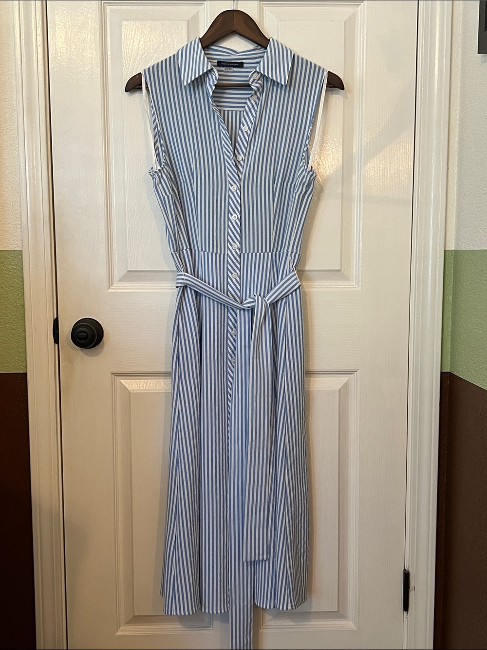 Tommy Hilfiger Blue & White Striped Sleeveless Midi Shirt Dress with Tie